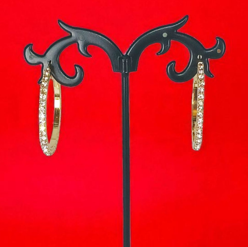 Gold Plated Sterling Silver Rhinestone Drop Hoop Earrings Fringe Vegas Showgirl - Picture 6 of 15